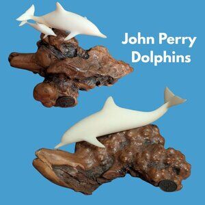 VTG John Perry DOLPHINS Sculpture Figurines (2) Burl Wood Nautical Beach Coastal